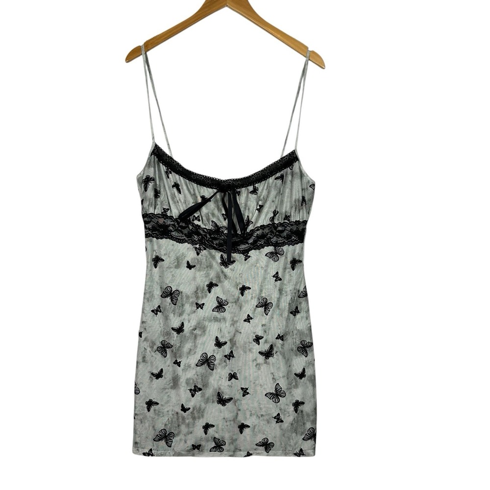 Pretty Damage Babydoll Butterfly Mesh Mini‎ Dress L Sheer Lace Trim Y2K Slip NWT
